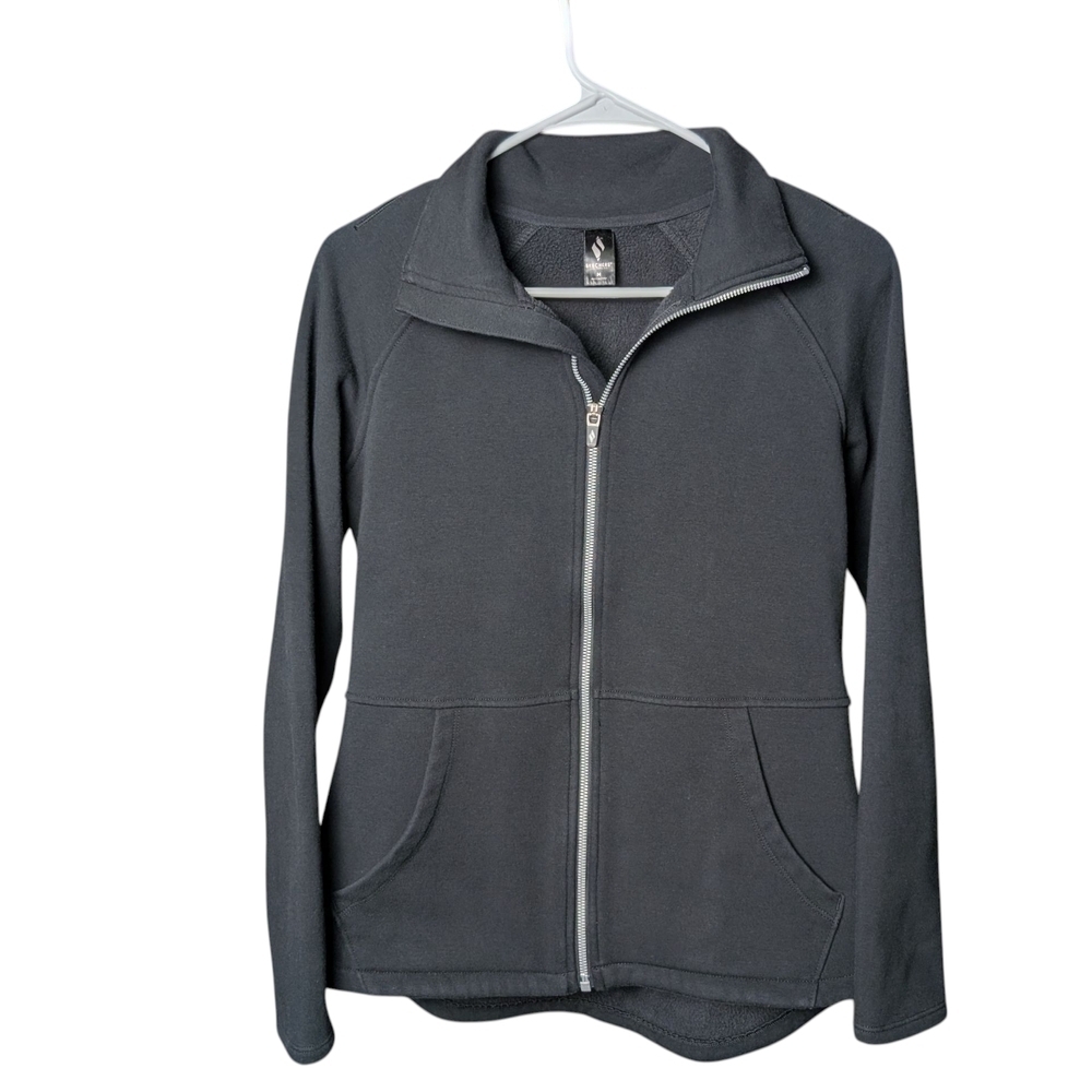 Skechers Black Gray Zip-Up Athletic Jacket Sweater Warm Cozy Soft Women's M EUC